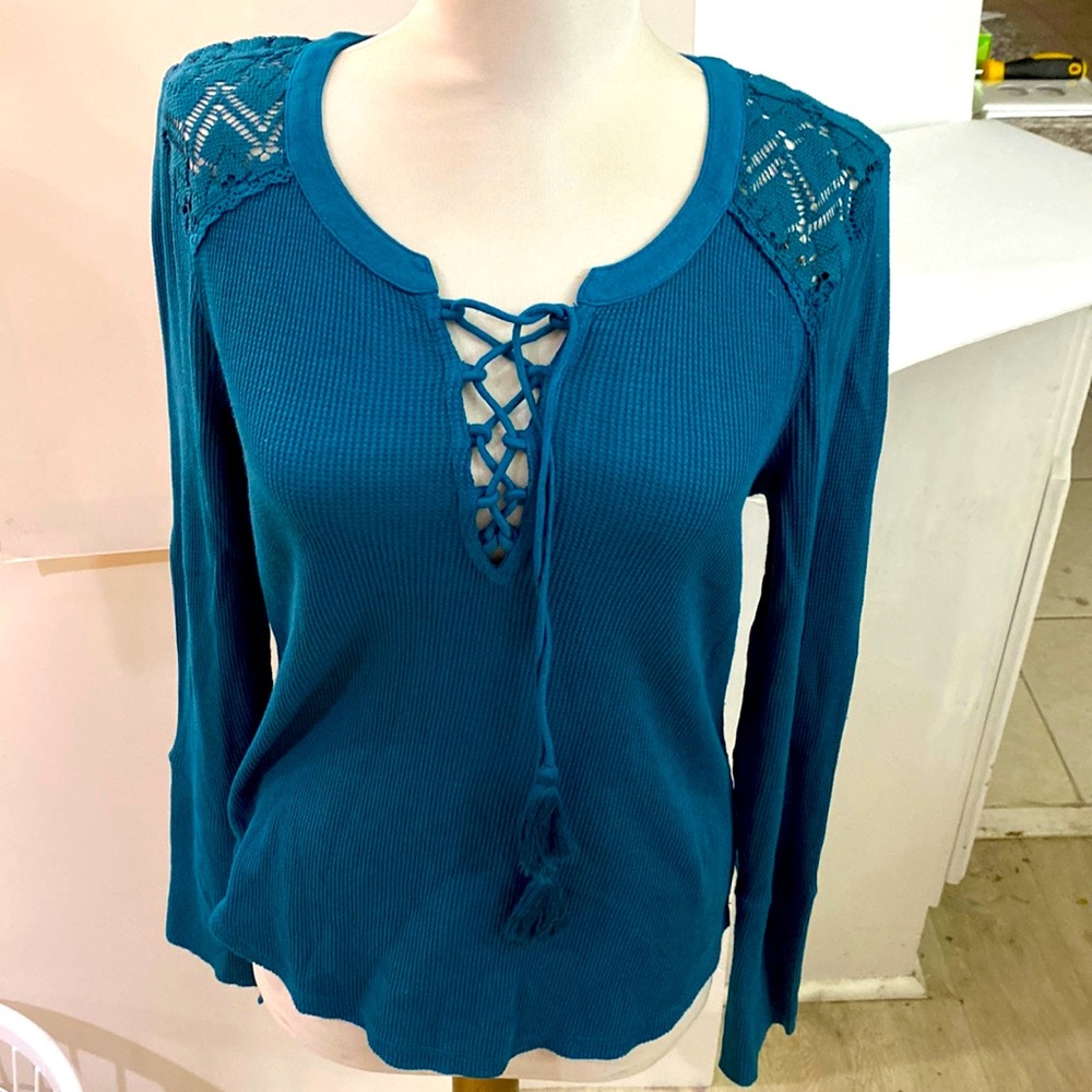 Teal thermal lace shoulder tie front tie long sleeves 58 cotton 42 rayon  new